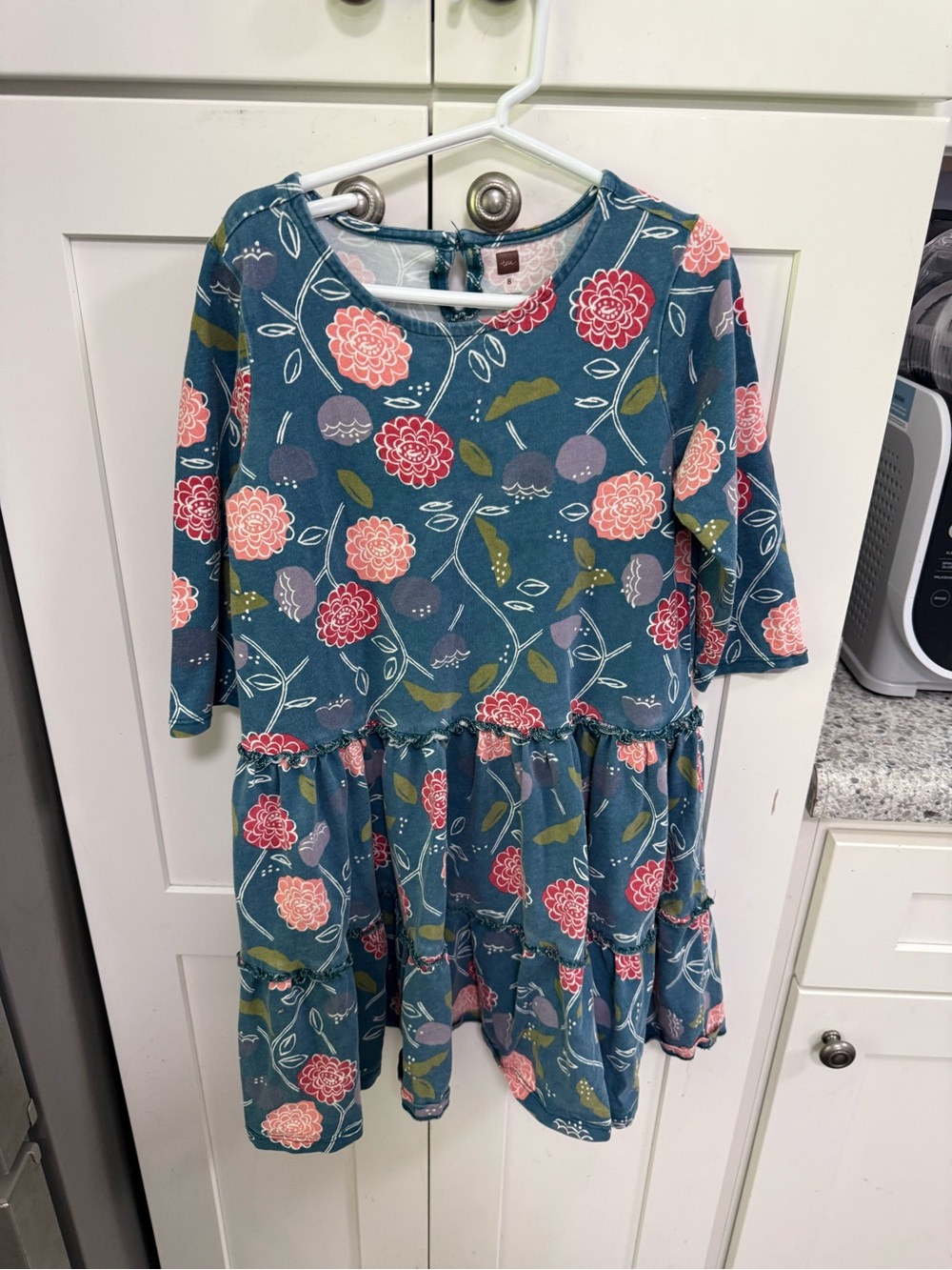 Tea Collection Teal Floral Tiered Dress with Pink & Coral Blooms